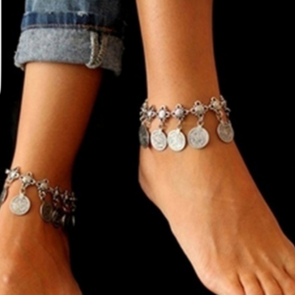 BOHEMIAN COIN ANTIQUE SILVER ANKLET OR BRACELET